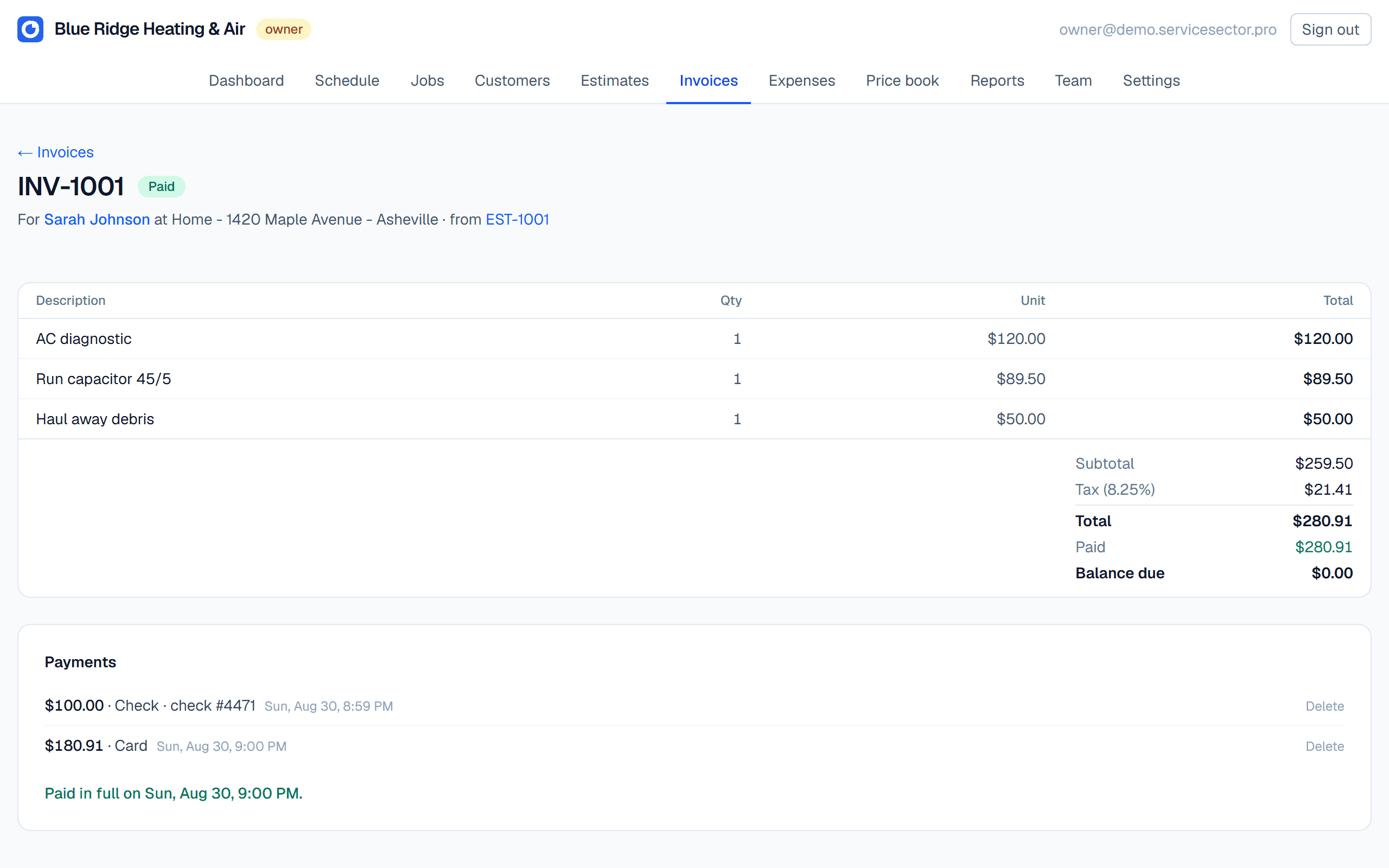 Estimates that become invoices screenshot